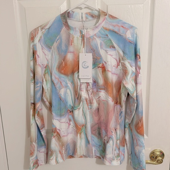 Johnny Was Calme Surf Shirt Multi Pastel Marbled 1/3 Zip Fitted NWT Size XXL - Picture 6 of 11